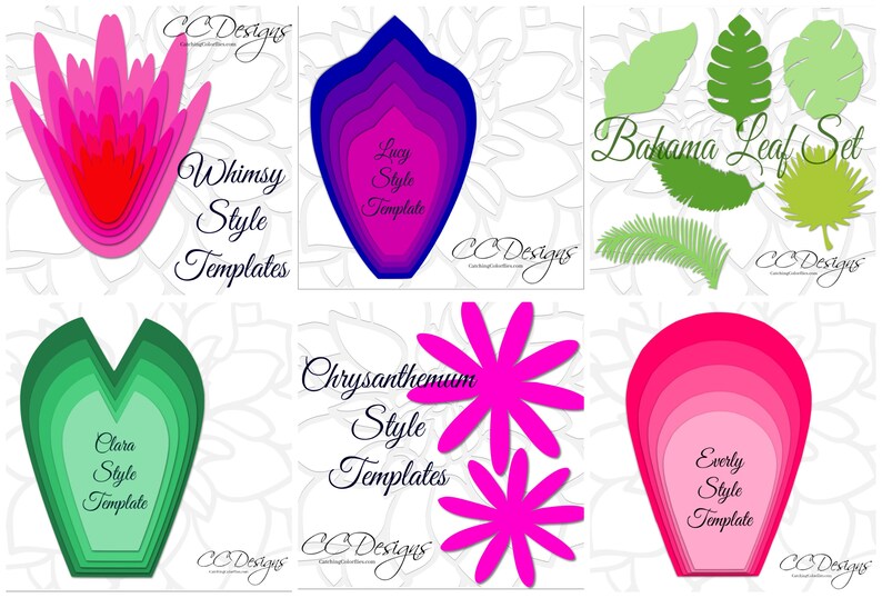 May include: A set of six layered paper flower templates in various colors and styles, including Whimsy, Lucy, Clara, Chrysanthemum, and Everly. The templates are designed for paper crafting and feature a variety of shapes and sizes.  Also included is a set of Bahama leaf templates.