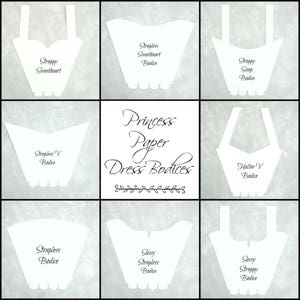 May include: Nine different paper dress bodice templates for crafting. The templates are labelled with different styles, including Strappy Sweetheart, Strapless Sweetheart, Strappy Scoop, Strapless V, Halter V, Strapless, Sassy Strapless, and Sassy Strappy.