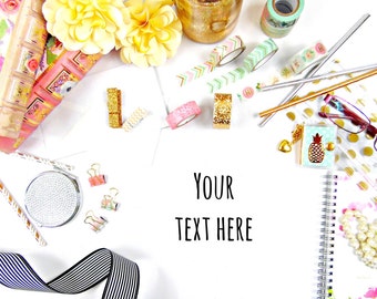 Styled Stock Photography, Stock Photo with Flowers & Washi Tape, Pink and Gold Styled Desktop, Product Photography, Stock Images