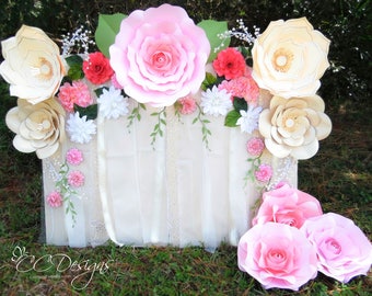 Paper Flower Rose Backdrop, DIY Paper Flower Patterns and Tutorials, Paper Rose Templates, Wedding Flower Wall, Wedding Decor