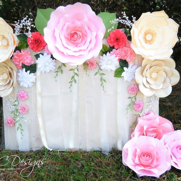 Paper Flower Rose Backdrop, DIY Paper Flower Patterns and Tutorials, Paper Rose Templates, Wedding Flower Wall, Wedding Decor