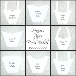 Op de afbeelding: Negen verschillende papieren jurk-lijfje sjablonen voor knutselen. De sjablonen omvatten strapless, halter en strappy stijlen. De tekst "Princess Paper Dress Bodices" is in het midden van de afbeelding gedrukt.