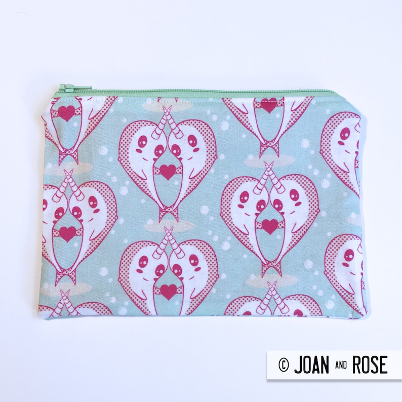 Kawaii Narwhals love hearts pencil case zipper pouch sea unicorns makeup bag in pink and green