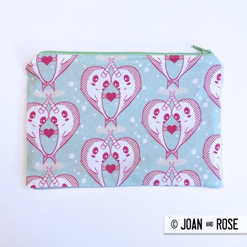 Kawaii Narwhals love hearts pencil case zipper pouch sea unicorns makeup bag in pink and green