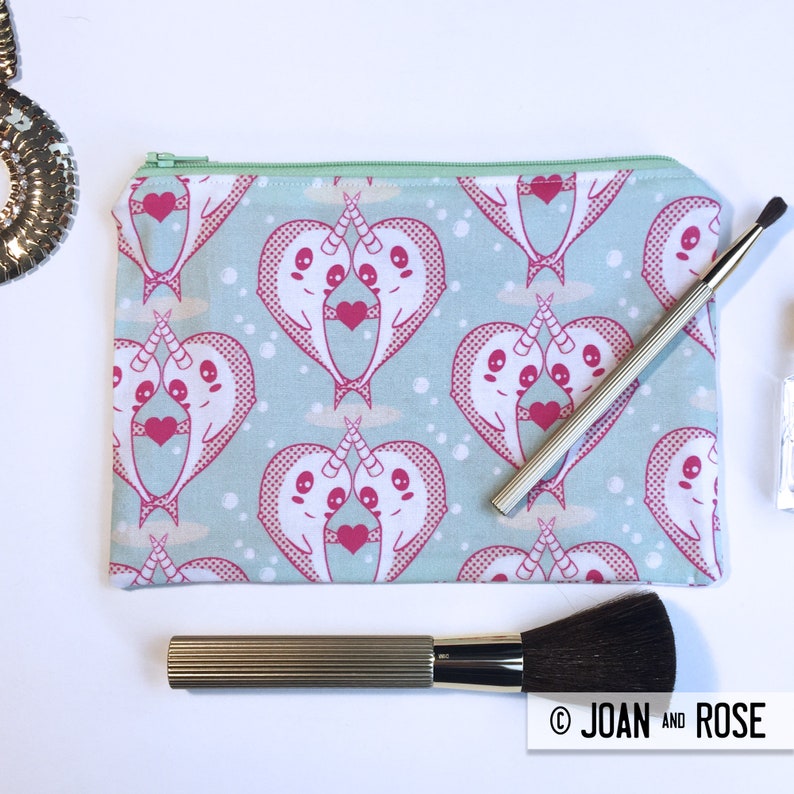 Kawaii Narwhals love hearts pencil case zipper pouch sea unicorns makeup bag in pink and green