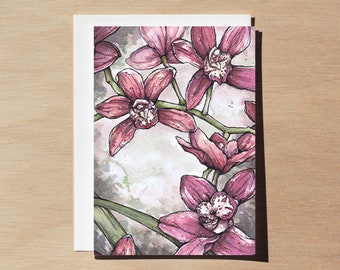 Pink Orchids Greeting Card, Mothers Day card, watercolor and ink orchid art print, pink flowers watercolour painting
