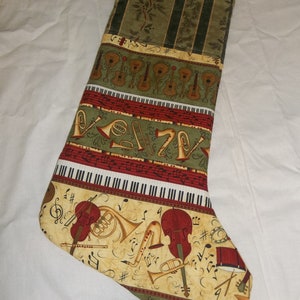 Handmade stockings- made with batting and lining, fabric hanger, washable, musical instrument print