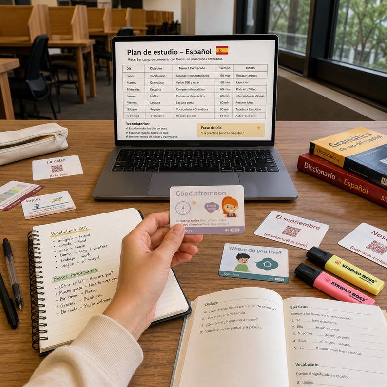 May include: A laptop displaying a Spanish study plan, surrounded by educational materials including a spiral notebook with vocabulary lists, a grammar textbook, a Spanish dictionary, two highlighters, and several flashcards with phrases.