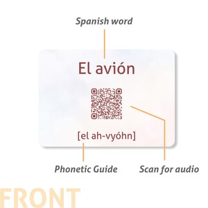 May include: A rectangular white card featuring the Spanish word El avi&oacute;n in dark red text, a central QR code, and the phonetic guide [el ah-vy&oacute;hn] in brackets. Labels indicate Spanish word, Phonetic Guide, and Scan for audio with lines.