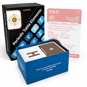 May include: A deck of Periodic Table Elements cards in a black box with blue accents. The box displays the text Periodic Table Elements and a carbon atom icon. A gold element card is visible, along with a hydrogen card inside a blue open box.