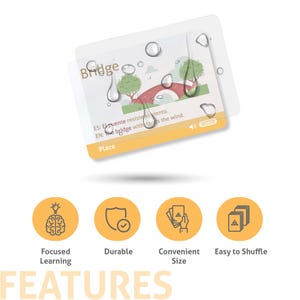 May include: A rectangular educational card labeled Bridge with a red arch bridge illustration, Spanish and English text, and water droplets on the surface. Below are four orange circular icons representing focused learning, durability, convenient size, and easy shuffling.