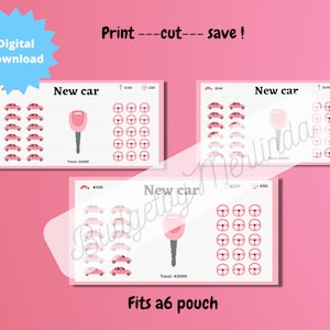 Op de afbeelding: Printbare grafiek om geld te sparen voor een nieuwe auto. De grafiek heeft drie secties, elk met een roze auto, een sleutel en een stuurwiel. De grafiek is gelabeld "Nieuwe auto" en heeft een totaal van € 2000. De grafiek is ontworpen om in een A6-hoes te passen.