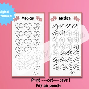 Op de afbeelding: Twee bedrukbare vellen met medische stickers. Het eerste vel heeft 20 hartslagpictogrammen. Het tweede vel heeft 20 pilpictogrammen. Beide vellen hebben bovenaan het woord "Medical" en onderaan de tekst "Print ---cut--- save! Fits a6 pouch".