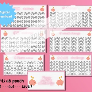 May include: Six printable cards with a pink background and a piggy bank image. Each card has a different coin denomination challenge: €10, €5, €2, €1, €0.50, and €0.05. The cards are designed for a piggy bank savings challenge. The text "Fits a6 pouch Print - cut - save!" is at the bottom of the image.
