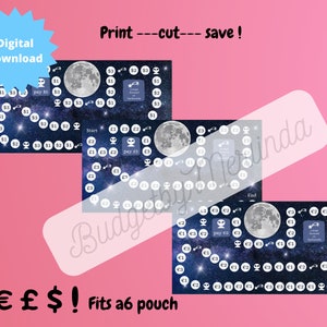 May include: Three printable game boards with a space theme. Each board features a moon, stars, and aliens. The boards are designed for a game of chance with numbers and instructions to pay or move forward or backward.