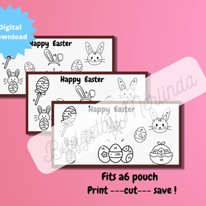 May include: Three black and white printable Easter-themed connect-the-dots activity sheets. Each sheet features a bunny rabbit, eggs, and the text "Happy Easter". The sheets are designed to fit an A6 pouch. The text "Print ---cut--- save!" is at the bottom of the image.