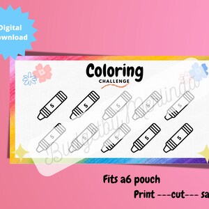 May include: Black and white printable coloring page featuring eight crayons with the number "5" on them. The page has the text "Coloring Challenge" and "Fits a6 pouch Print ---cut--- save!"