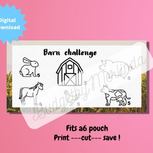 Op de afbeelding: Een digitale download voor een "Barn challenge" spel. Het ontwerp bevat lijntekeningen van boerderijdieren en een schuur, elk met het nummer 5. Tekst omvat "Fits a6 pouch" en "Print ---cut--- save!".
