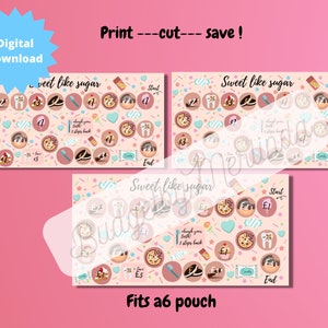 May include: Three printable game boards with a pink background and colorful illustrations of sweets, teeth, and toothbrushes. The game boards are titled "Sweet like sugar" and have a start and end point. The text "Print - cut - save!" and "Fits a6 pouch" are also included.