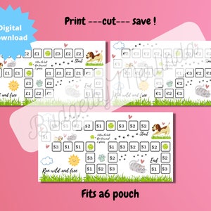 May include: Printable game board for a dog-themed board game. The board features a dog and cat, paw prints, and the text "Run wild and free". The board is designed to fit in an A6 pouch.