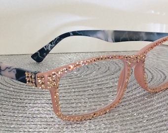 Rhinestone Reading Glasses, Peach Crystal Embellished Frames