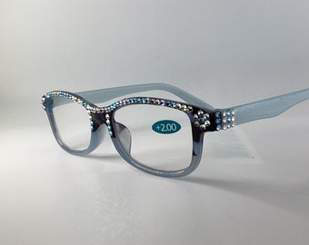 Crystal Embellished Reading Glasses, Baby Blue and Black Frame