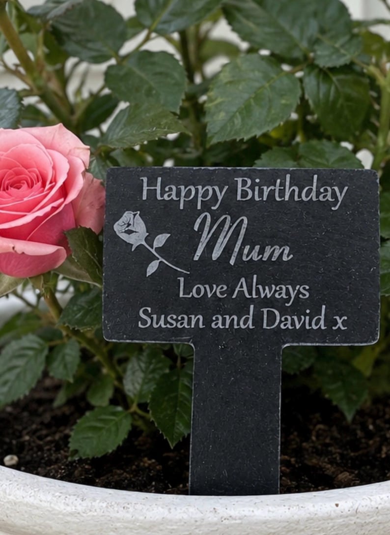 Personalised engraved slate tag, plant or rose stake. Wedding gift, Anniversary gift, Retirement gift, birthday gift, memorial gift image 2