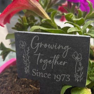 May include: A rectangular black slate garden marker with a stake, featuring the engraved text "Growing Together Since 1973" flanked by two simple floral line drawings, positioned in a pink pot filled with soil and vibrant red and purple petunias.