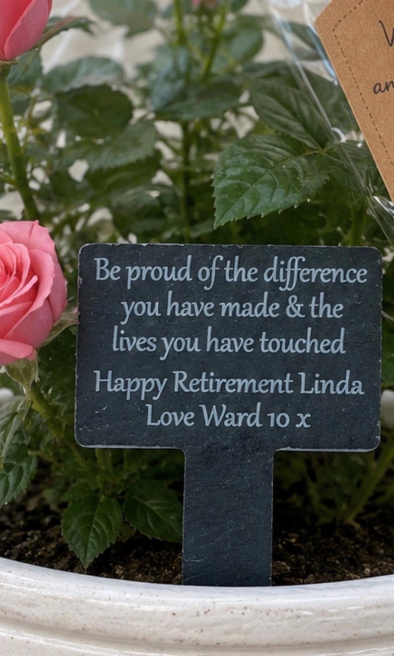 May include: A rectangular black slate plant marker with white engraved text that reads: Be proud of the difference you have made & the lives you have touched. Happy Retirement Linda. Love Ward 10 x. The marker is placed in a white pot with a pink rose.