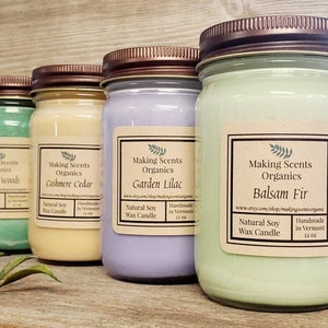 Pure Soy Wax Candles / Candles / Soy Candles /  Balsam Fir & 60+ Scents  / 12 oz  Mason Jar Candle /  Made in VT / Making Scents Organics