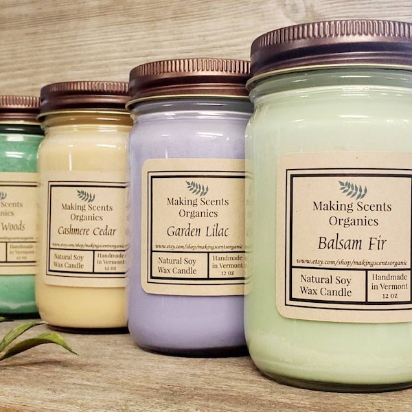 Pure Soy Wax Candles / Candles / Soy Candles /  Balsam Fir & 60+ Scents  / 12 oz  Mason Jar Candle /  Made in VT / Making Scents / SALE!!