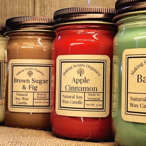 Pure Soy Wax Candle - Hand Poured in VT- 12 oz Jar 70 Scents by Making Scents Organics Balsam Apple Lavender Vanilla Lemon Patchouli