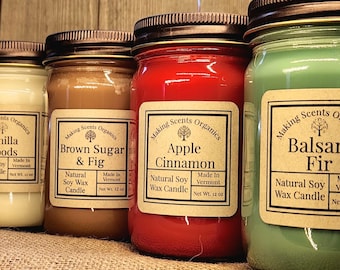 Pure Soy Wax Candle - Hand Poured in VT- 12 oz Jar 70 Scents by Making Scents Organics Balsam Apple Lavender Vanilla Lemon Patchouli
