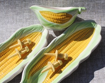 Corn on the cob plates (Indian corn) made in Japan, Vintage with Butter sauce boat / Indian corn roast / Summer dinner / picknic
