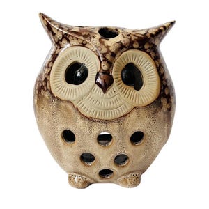 Vintage Owl Candle Holder / Brown Ceramic Owl Candle Holder / Candle Holder with Holes