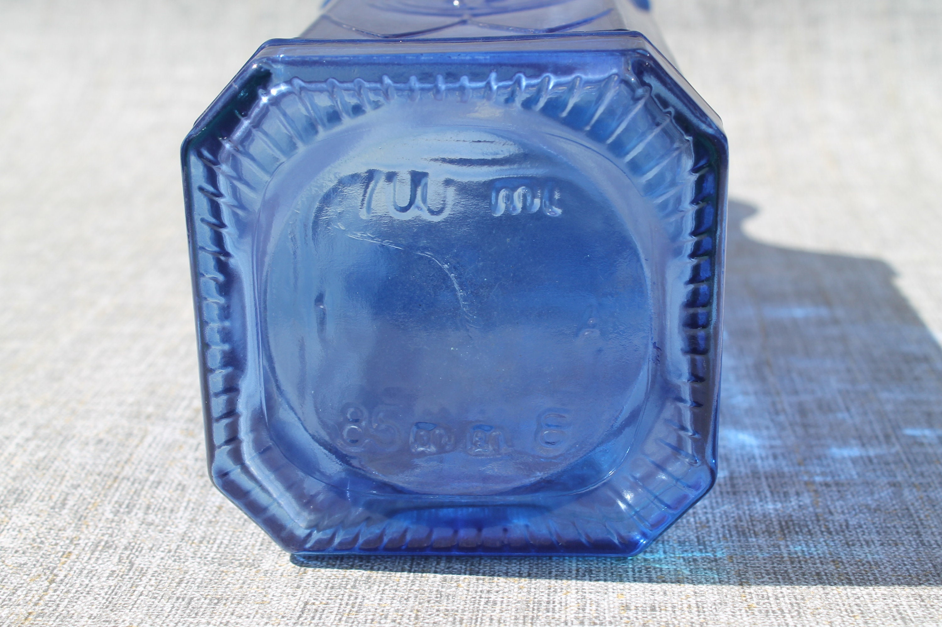 Vintage 700ml Cobalt Blue Glass Bottle 12 With Stopper/ Engraved Blue