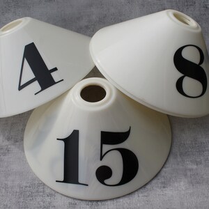 May include: Three white plastic cones with black numbers. The cones are numbered 4, 8, and 15.