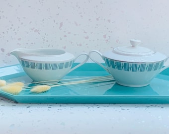 Vintage keramische suikerpot en melkkannetje / Wit, turquoise en zilver / Minimalistische ontwerpen / Melkkannetje, melkkannetje