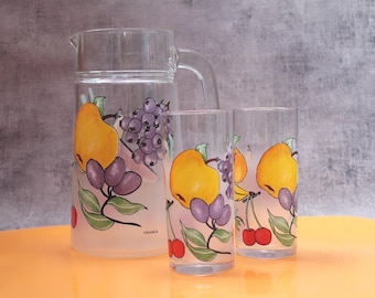 Vintage France fruit pattern juice jug / Fruit printed pitcher / Glass jug / glass pitcher with matching glasses / Tutti frutti