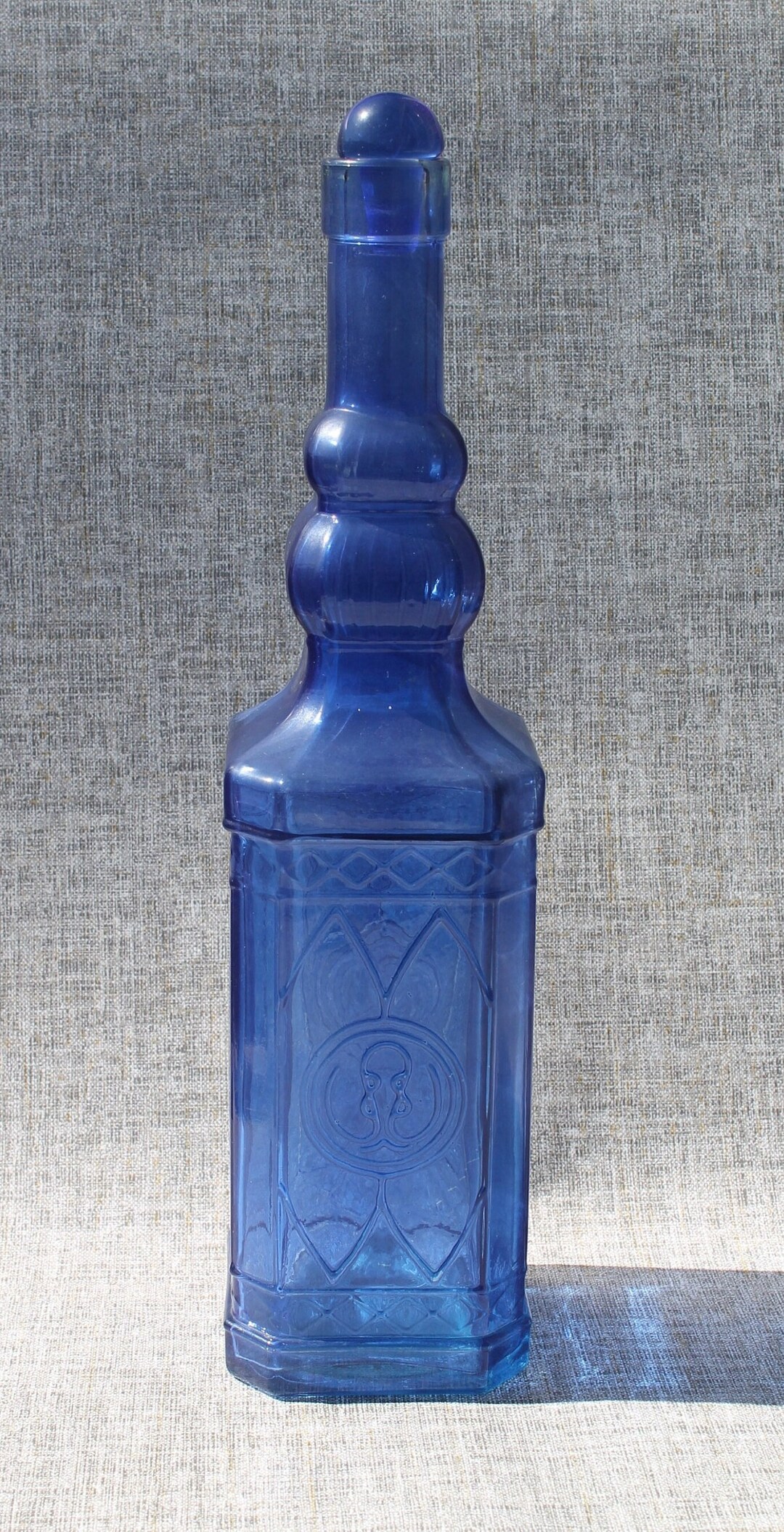 Vintage 700ml Cobalt Blue Glass Bottle 12 With Stopper/ Engraved Blue