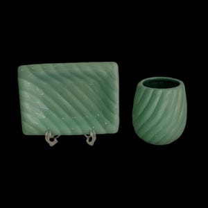 Vintage turquoise ceramic bathroom set / Pastel green ceramic soap dish and tumbler