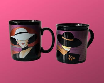 Patrick Nagel design mugs woman profile hat and sunset 1980 / Post art deco, art deco revival / Black and metallic colors