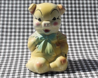 Pig piggy bank 6" in vintage ceramic /Neck buckle, bow tie/pastel colors, watercolor, water paint/Asian style/decorative