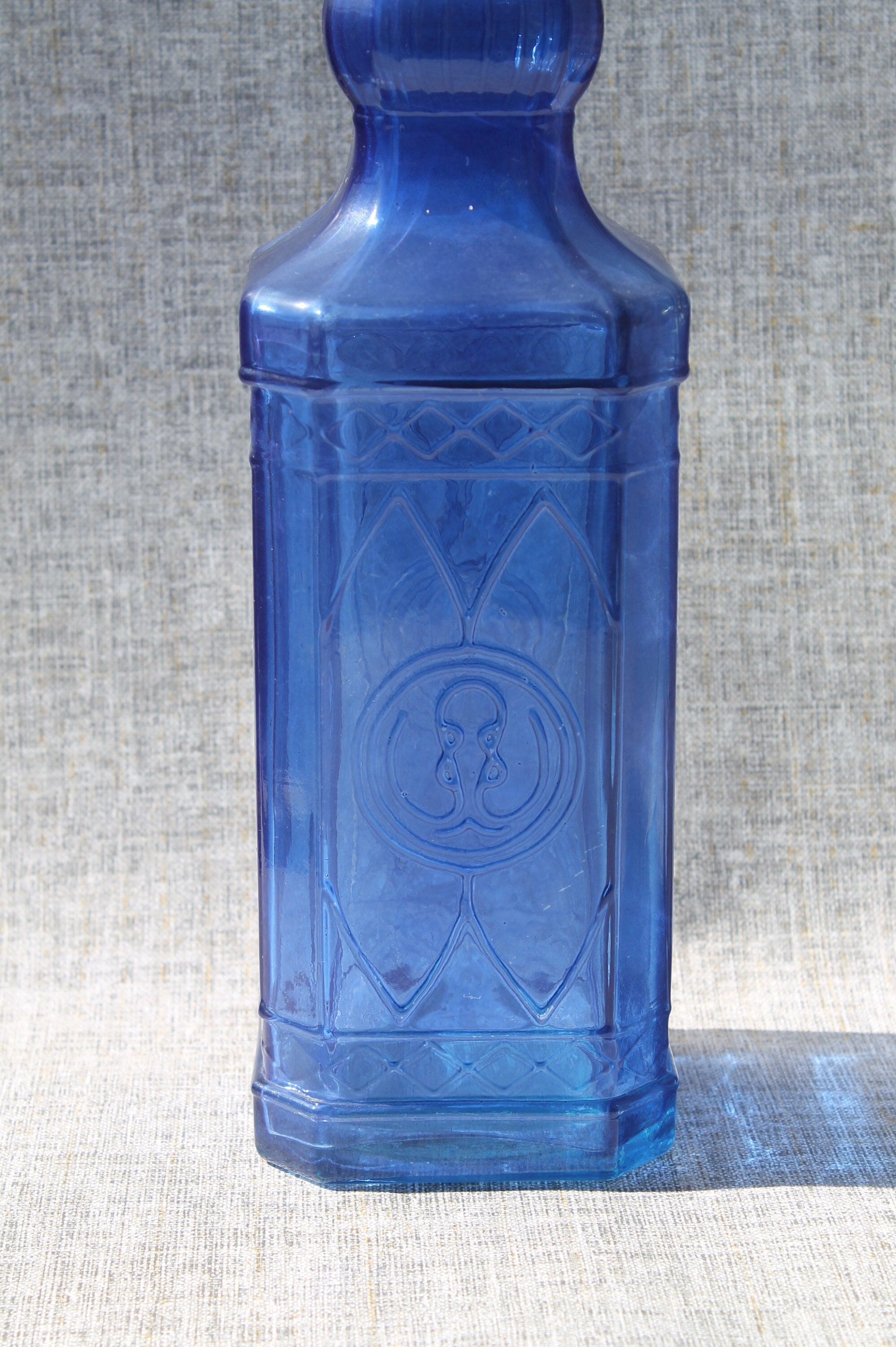 Vintage 700ml Cobalt Blue Glass Bottle 12 With Stopper/ Engraved Blue