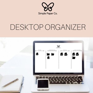 May include: A laptop computer screen displaying a desktop organizer with four sections labeled "To Do", "Working On", "To File", and "Easy Access". Each section has a folder icon with files inside. The laptop is on a white desk with a notebook and pen.