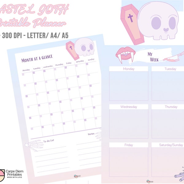 Pastel Goth Printable Planner, Daily Planner, Weekly Planner, Monthly Planner, Big Happy Planner, Creepy Cute Planner, Printable Gift