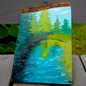Small Painting of a river, Hand-painted Acrylic on Wood