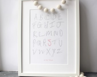 Children's Alphabet Personalised Print - Nursery Decor, Children's Wall Art Monochrome, Blush Pink, Grey Unframed Digital Print