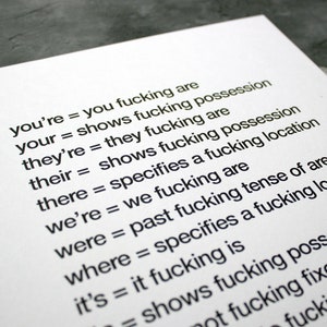 You&#39;re Your They&#39;re Their There We&#39;re Were Where Ultimate Grammar - A4 Black and White Typographic Unframed Digital Print