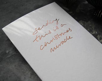 Enviar esto es un milagro navideño: tarjeta navideña de lujo estampada a mano